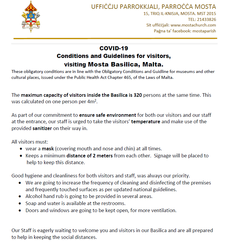 COVID19 Conditions and Guidelines for visitors, visiting Mosta